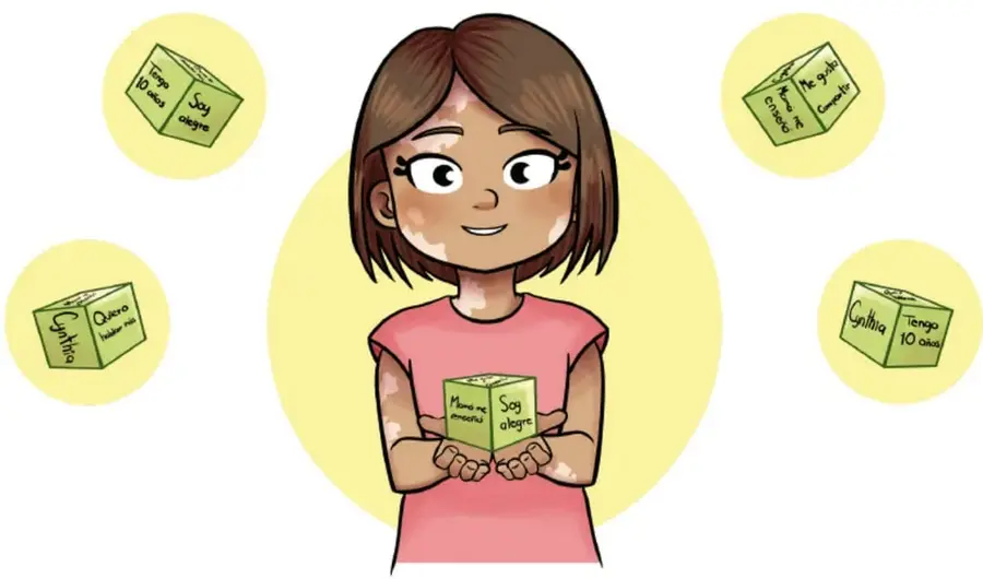 Niña de cabello castaño con playera rosa sosteniendo un cubo verde con las frases 'Soy alegre' y 'Me enoja'.