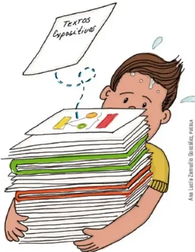 Ilustración de un niño cargando una pila de libros y sosteniendo un papel que dice 'Textos expositivos'.
