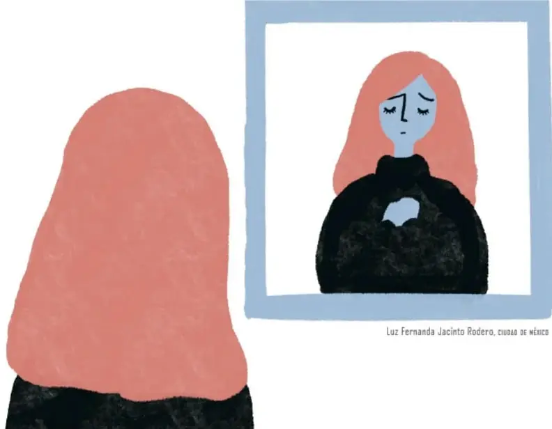 Ilustración de una mujer de espaldas con cabello rojizo frente a un espejo donde se refleja su rostro triste, con una mano sobre el pecho. Crédito: Luz Fernanda Jacinto Rodeo.