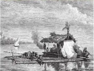 Grabado histórico en blanco y negro que muestra una escena fluvial de la época republicana.