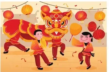Tres niños realizando la danza del león con marioneta de león en una calle decorada con linternas.