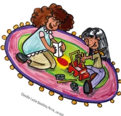 Ilustración de dos niñas armando un juguete sobre una alfombra.