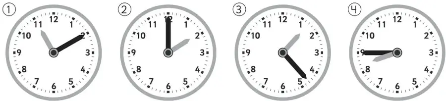 Cuatro relojes análogos numerados del 1 al 4 con diferentes horas.