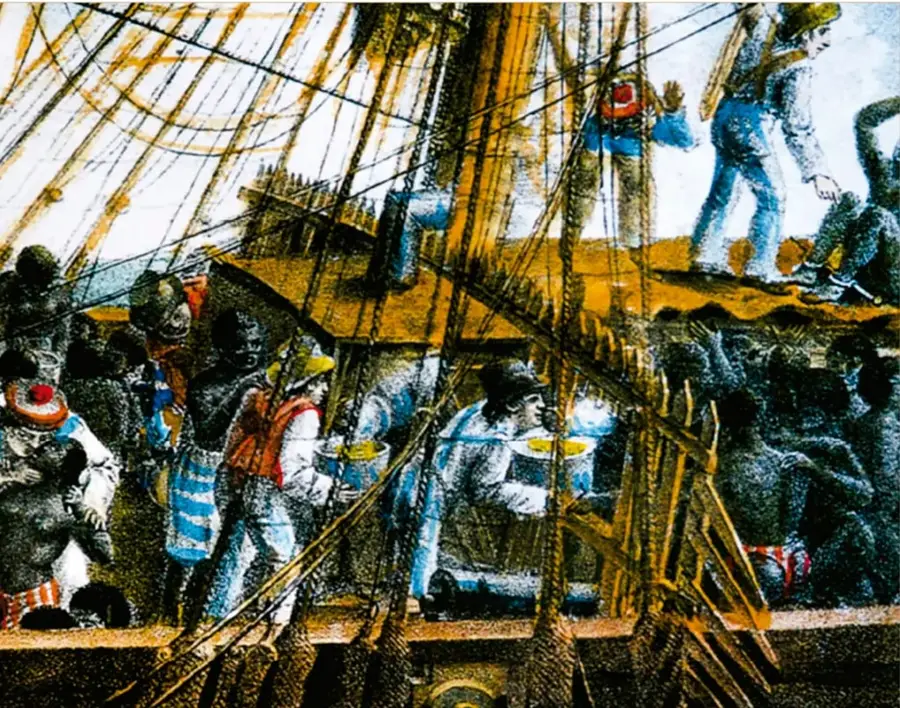 Ilustración coloreada del interior de un barco de la época colonial: en la cubierta y en la baja se observan personas de piel oscura (africanos esclavos o libres) junto a europeos con sombreros y vestimentas de la época, entre jarcia y mástiles del navío.