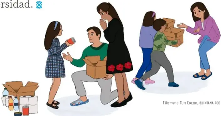 Ilustración de integrantes de la comunidad de Filomena Tunk Cocon, Quintana Roo: niñas y niños y adultos recolectando donativos en cajas, personas de distintas edades colaborando.