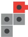 Jote formado por 1 cubo rojo (cabeza con pico) y 3 cubos grises (cuerpo y pata), con un punto para unir.