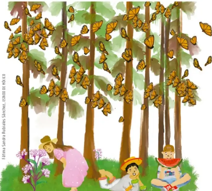 Ilustración de niños en un bosque con mariposas monarca volando entre los árboles; una niña huele unas flores, otros descansan comiendo, mostrando convivencia con la naturaleza. Crédito: Fátima Sandra Robles Sánchez.