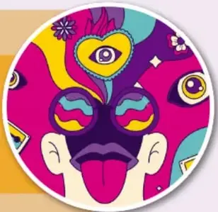 Ilustración psicodélica de una cara colorida con ojos y lengua destacada, acompañada de la advertencia sobre sobredosis.