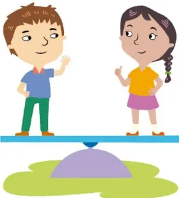 Ilustración de un niño y una niña sobre una balanza en equilibrio, simbolizando justicia; crédito: Herenia González Zúñiga, Ciudad de México.