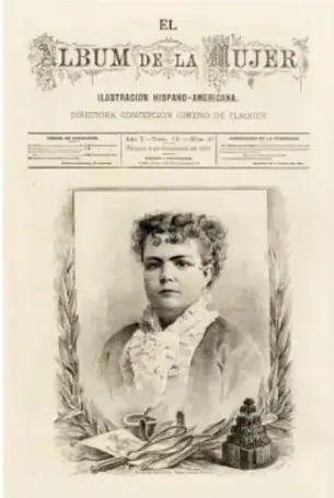Portada de la revista El Álbum de la Mujer, ilustración hispano-americana, con un retrato de Matilde Montoya enmarcado por guirnaldas.