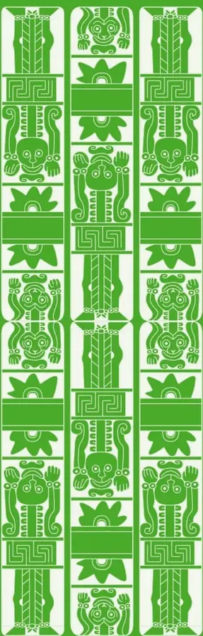 Ilustración con tres columnas verticales de motivos decorativos indígenas en verde: figuras antropomorfas, serpientes emplumadas, estilizaciones de plantas y elementos geométricos tipo grecas, propios de la estética mesoamericana de la Colección Ximhai.