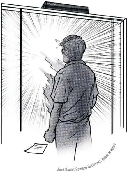 Ilustración en blanco y negro de un joven de espaldas frente a una puerta o marco luminoso, con una nota en el suelo. Al pie: José Daniel Romero Gutiérrez, cómic de autor.
