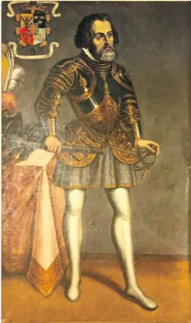 Retrato de Hernán Cortés con armadura, capa y espada, acompañado de un escudo de armas.