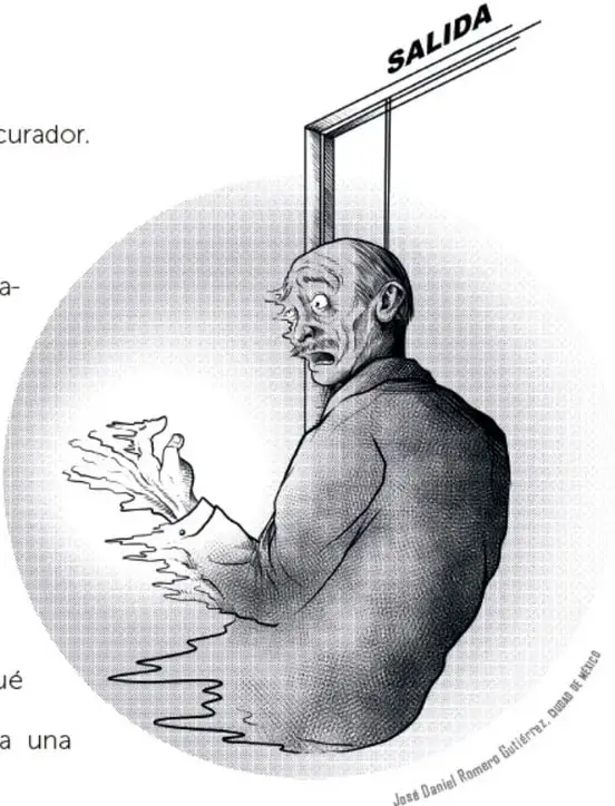 Ilustración de un hombre calvo con expresión de asombro, atravesando un marco de puerta etiquetado 'SALIDA'. Su cuerpo se desvanece en líneas onduladas, como si se disolviera. Al pie: 'José Daniel Romero Gutiérrez. Dibuja el museo'.