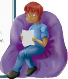 Ilustración de un niño sentado en una silla de lectura revisando un papel (cuestionario).