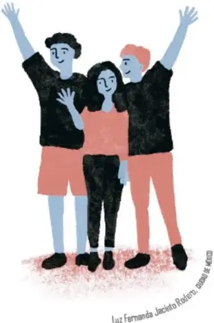 Ilustración de tres jóvenes con los brazos levantados; una de ellas al centro. Crédito: Luz Fernanda Jacinto Roldán.