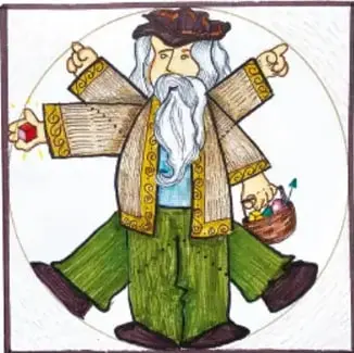 Ilustración de un personaje anciano con barba larga, sombrero y bata, señalando con los dedos, rodeado de un círculo, junto a una niña con materiales de dibujo. Crédito: Claudia Lucía Bautista Parra, ALISCo.
