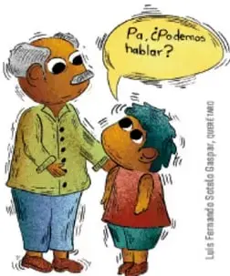 Ilustración de un adulto mayor y un niño conversando con la frase en globo de diálogo: “Pa, ¿podemos hablar?” (crédito: Luis Fernando Solano Gámez, 2008).