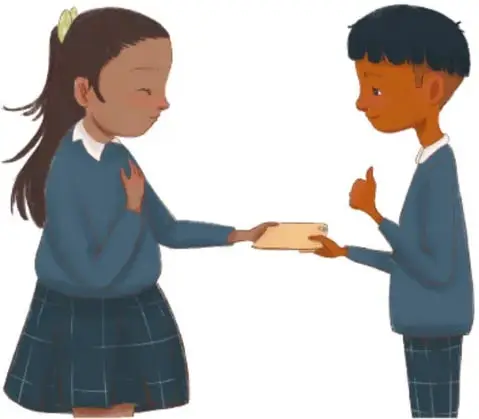 Ilustración de una niña y un niño con uniforme escolar, la niña entrega un sobre al niño; crédito: Francisco Fabián Murillo Ruiz, Guanajuato.