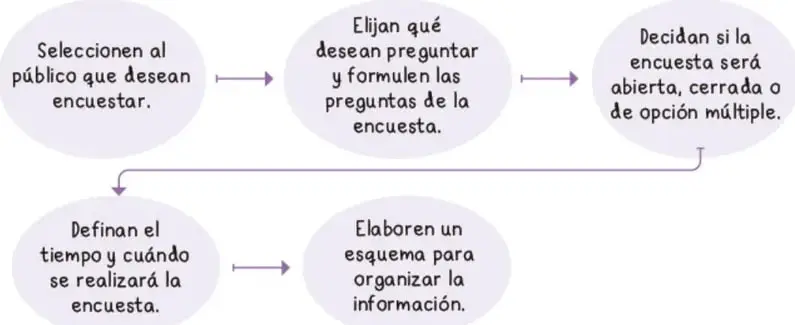 Diagrama de cinco burbujas conectadas con flechas que muestran el proceso para elaborar una encuesta: público, preguntas, tipo de encuesta, tiempo y esquema.