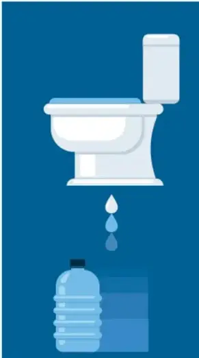 Ilustración de un inodoro blanco con una gota de agua cayendo hacia una botella plástica, sobre fondo azul, que simboliza el agua desperdiciada por cada descarga.