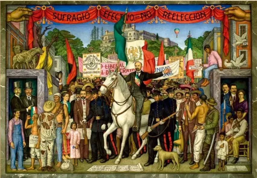 Mural 'Retablo de la Revolución (Sufragio efectivo no reelección)' de Juan O'Gorman. Muestra a Francisco I. Madero a caballo, con banderas mexicanas y el lema revolucionario, rodeado de una multitud de personajes de distintos grupos sociales.