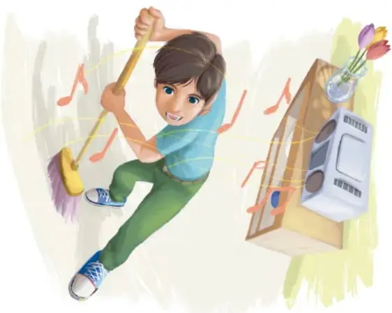 Ilustración de un niño barriendo y bailando al ritmo de la música que sale de un equipo de sonido; hay tulipanes sobre el mueble.