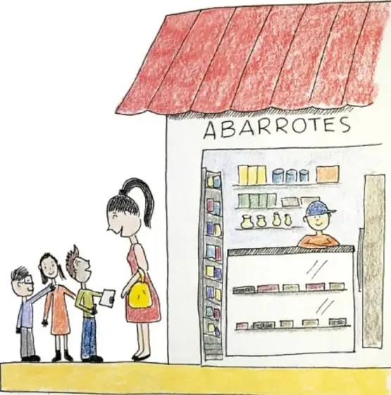 Ilustración de una tienda de abarrotes con letrero 'ABARROTES'. Una mujer con bolsa amarilla conversa con tres niños (dos niños y una niña) y un tendero con gorra detrás del mostrador. Representa la vida cotidiana y los espacios de la comunidad donde puede realizarse una entrevista.