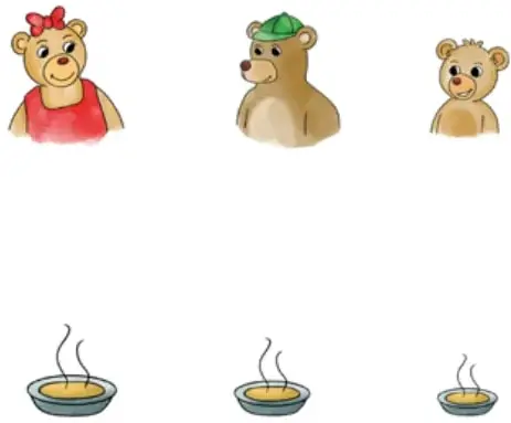 Tres osos: uno grande con vestido rojo y moño, uno mediano con gorro verde y uno pequeño.