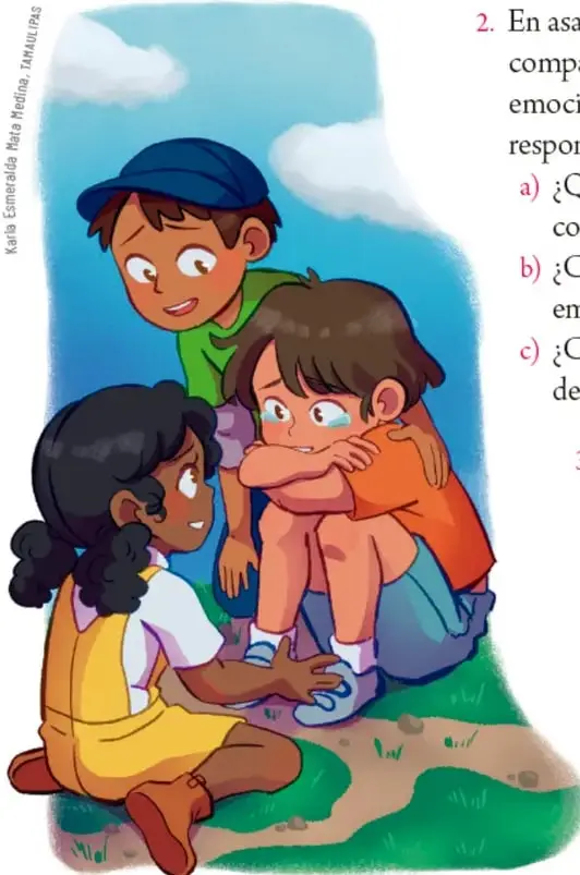 Tres niños al aire libre sobre el pasto: una niña de cabello rizado negro con overol amarillo consuela con la mano a un niño castaño que llora abrazado a sus rodillas (playera naranja), mientras otro niño con gorra azul y playera verde los acompaña con gesto de apoyo. Crédito: Kaia Esmeralda Mata Medina, TAMAULIPAS.