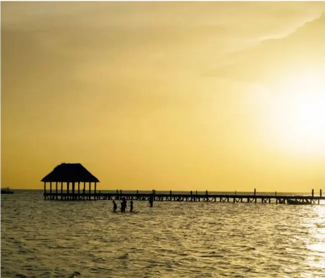 Fotografía de un muelle de madera con palapa al atardecer, con cielo amarillo dorado, personas caminando sobre el muelle y el mar en calma.