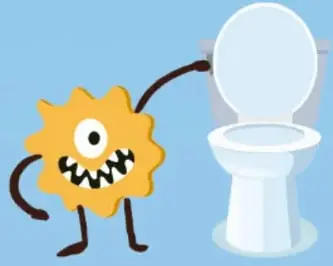 A la izquierda, una bacteria naranja jalando la cadena del inodoro con el texto 'Pero, como todo lo que entra tiene que salir…'; a la derecha, el texto sobre los ácidos, un globo de diálogo que dice '¡lo que se conoce como caries!' y un diente triste con manchas café.