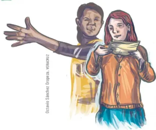 Ilustración de dos estudiantes: un niño con el brazo extendido y una niña sosteniendo un texto, con la firma del ilustrador Octavio Sánchez Ortega.