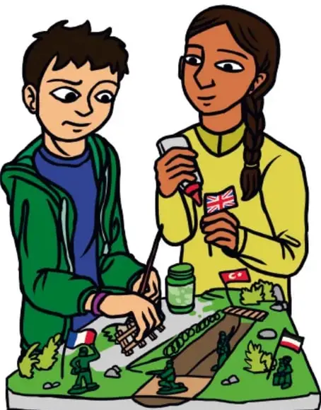 Ilustración de dos estudiantes (un niño con chamarra verde y una niña con camiseta amarilla) trabajando juntos en una maqueta sobre un conflicto bélico, con figuras de soldados, banderas (Reino Unido, Francia, entre otras), árboles y un pequeño camión sobre una base verde; la niña sostiene una bandera del Reino Unido. Crédito: Sarid Amisadai Limón Huerta, BJAA California.