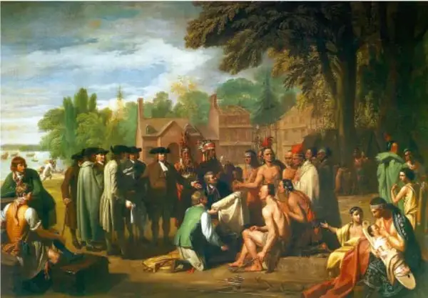 Pintura histórica que representa un encuentro entre colonos europeos y nativos americanos, posiblemente la compra de tierras o un tratado en Pensilvania.