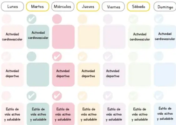 Cuadro de registro semanal (lunes a domingo) con tres filas: Actividad cardiovascular (marcada en lunes, martes, sábado y domingo), Actividad deportiva (marcada en miércoles, jueves y viernes) y la meta diaria "Estilo de vida activo y saludable".