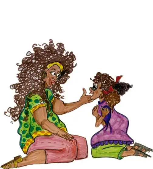 Ilustración de una madre de pelo rizado hablando con su hija pequeña arrodillada; firmada por Claudia Lucía Bautista Parra, Jalisco.