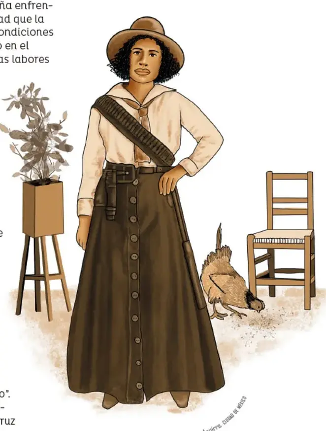Ilustración de La Negra Mora con sombrero, blusa clara, falda larga con botones y canana cruzada; a su lado una maceta, una silla y una gallina.
