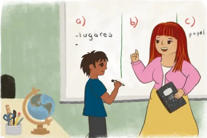 Ilustración de una maestra frente a un pizarrón con las letras a), b) y c) y las palabras 'lugares' y 'papel'; un estudiante escribe con un lápiz. A la izquierda hay un globo terráqueo y útiles escolares.