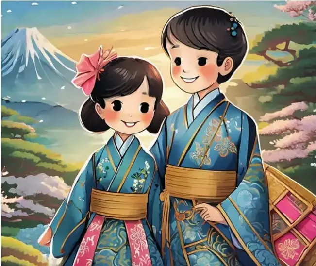 Ilustración de un niño y una niña japoneses vistiendo kimonos tradicionales frente al monte Fuji.