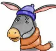Ilustración de un burro con gorro azul y bufanda naranja.