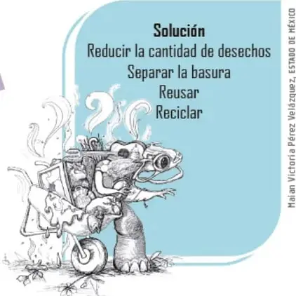 Ilustración de ratas reciclando con un carrito, con el rótulo 'Solución: Reducir la cantidad de desechos, Separar la basura, Reusar, Reciclar'.