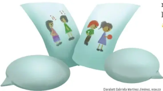 Tres globos de diálogo con niñas y niños conversando entre ellos.