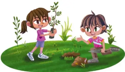 Dos niñas plantando árboles y cuidando la tierra en un espacio verde. Crédito: Armando Amezcua Mora, Guanajuato.