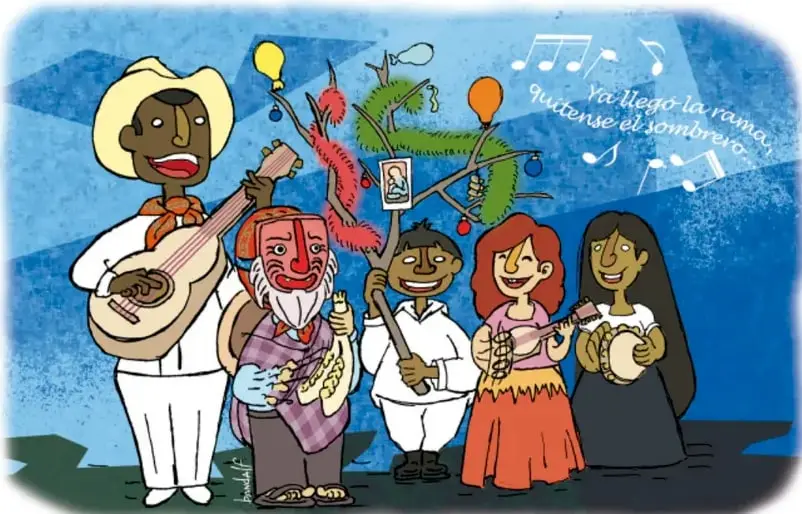 Ilustración colorida de un grupo comunitario: un músico con guitarra y sombrero, un danzante con máscara roja, un niño sosteniendo una rama decorada con globos y figuras, y dos mujeres con instrumentos musicales. Al fondo, notas musicales y la frase 'Ya llegó la rama, quítese el sombrero'. Crédito: Julio César Banda Tecalco, Veracruz.