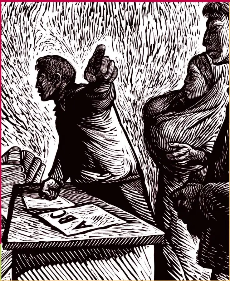 Ilustración en blanco y negro estilo grabado. Un maestro sentado en un pupitre levanta el dedo índice derecho; frente a él, una maestra de pie con los brazos cruzados lo observa. Sobre el pupitre hay una pila de libros y un cuaderno con las letras 'UNA'. El fondo está compuesto por líneas verticales densas.