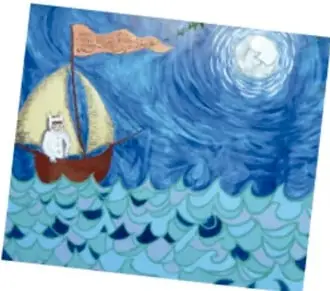 Ilustración de estilo pictórico que muestra un pequeño velero con bandera roja navegando sobre olas azules bajo un cielo nocturno con luna llena. Acompaña el relato y sugiere viaje, naturaleza y agua.
