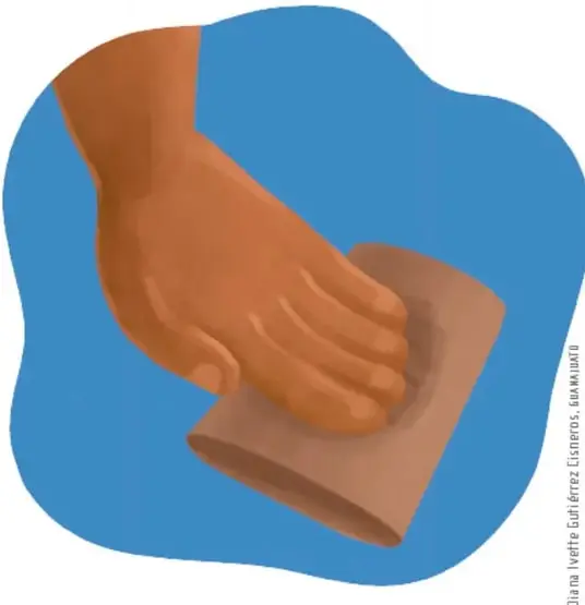 Ilustración de dos manos aplastando un tubo de cartón sobre una superficie azul con forma orgánica; crédito: Diana Ivette Gutiérrez Cisneros, TOMÁNGEL.