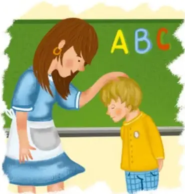 Ilustración de una maestra con delantal azul acariciando la cabeza de un niño rubio con suéter amarillo frente a un pizarrón verde con las letras A, B, C.