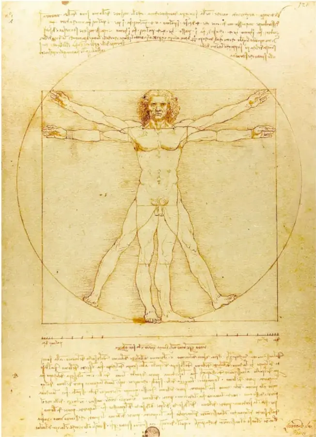 Reproducción del 'Hombre de Vitruvio' (ca. 1492): dibujo a tinta sepia de un hombre desnudo con los brazos y piernas abiertos, inscrito a la vez en un círculo y un cuadrado, con notas manuscritas de Leonardo arriba y abajo. Pie de foto: 'Hombre de Vitruvio, ca. 1492, Leonardo da Vinci (1452-1519)'.